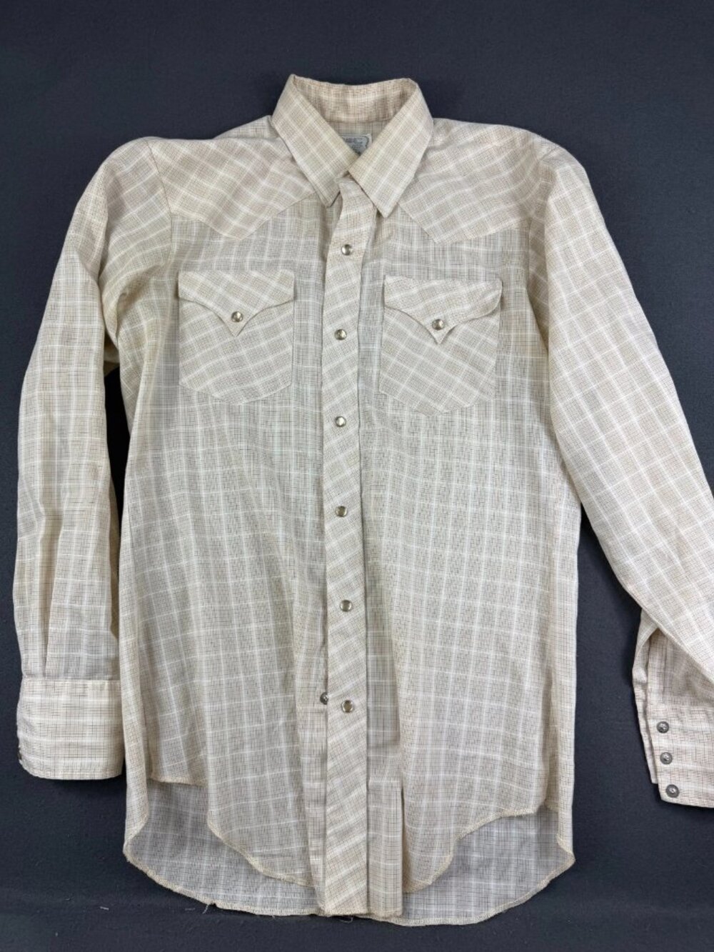 Vintage H Bar C Mens Ivory Dress Shirt Long Sleeve Button Up Check Print L Tall
